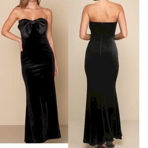 Lulus Dramatic Stunner Black Velvet Bow Strapless Maxi Dress Size Medium NWOT